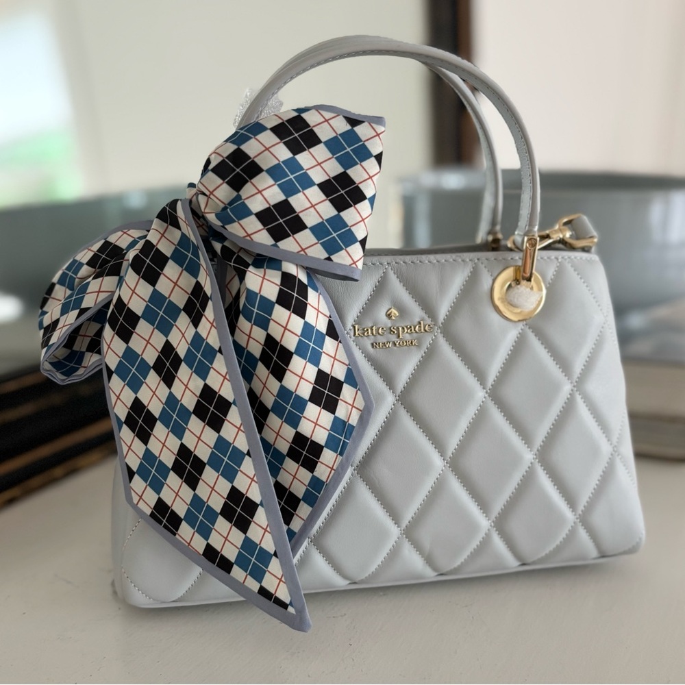 KATE SPADE Satchel Leather Quilted Handbag White Stone Path Light Grey Purse - Picture 4 of 15